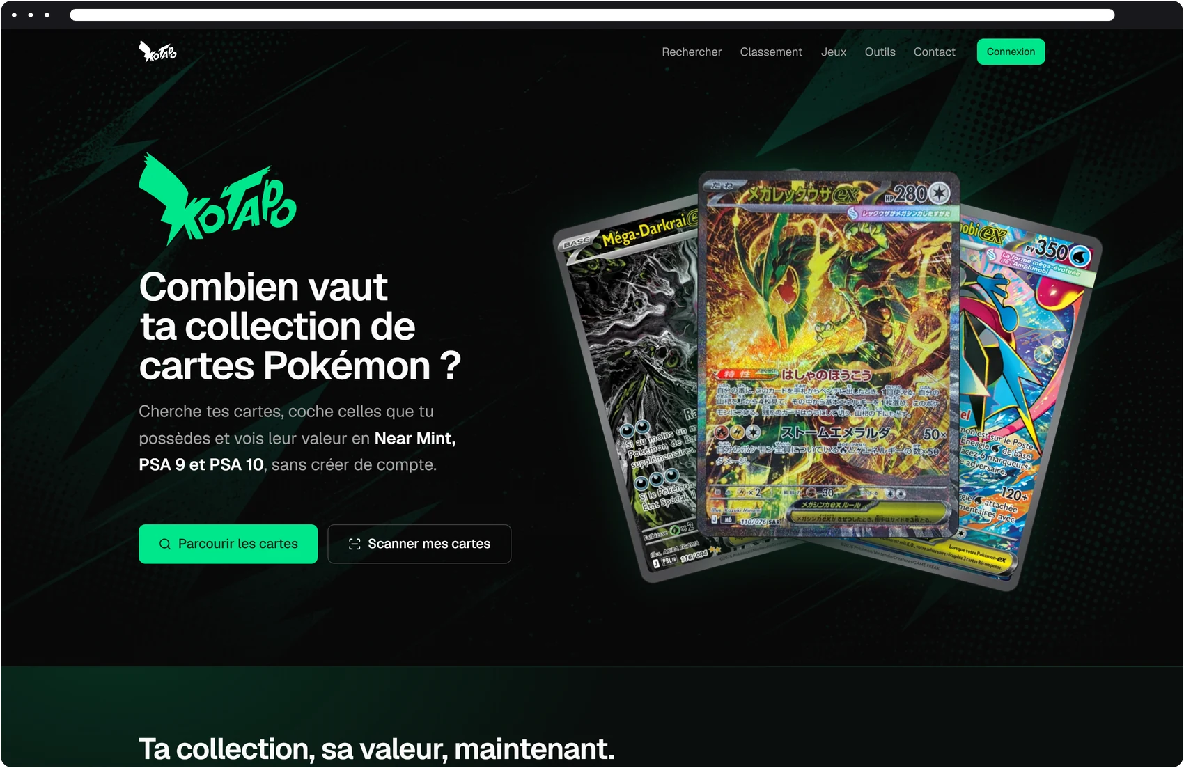 Kotapo — la page d'accueil : « Combien vaut ta collection de cartes Pokémon ? »