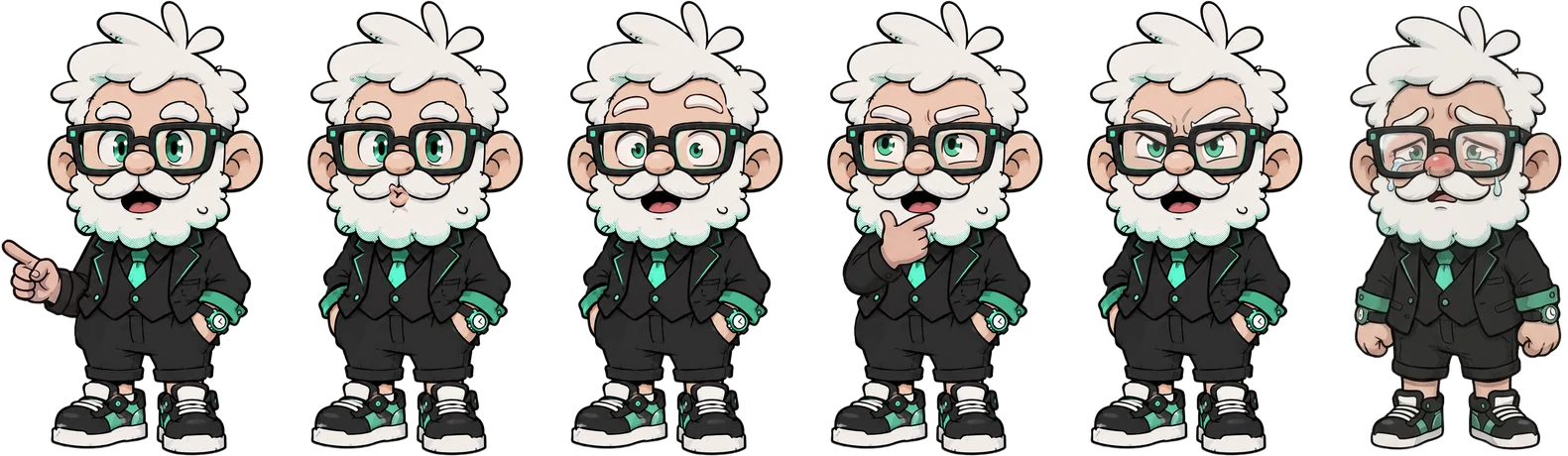 Six poses du Professeur Ko : montrer, neutre, étonné, interrogatif, fâché, en larmes