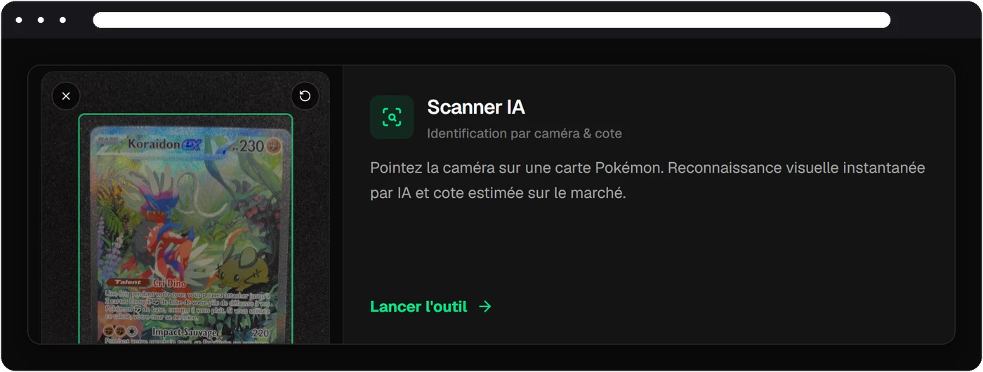 Le scanner Kotapo : une carte reconnue par la caméra, avec sa cote